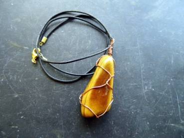 Kette, Lederband, Anhänger, Tigerauge, gewickelt, Unisex